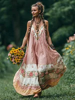 Women's Vintage Floral Patterned Suspender Dress