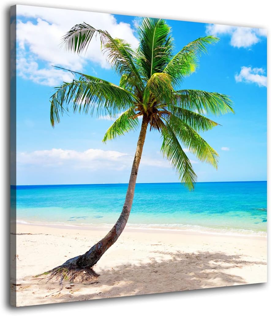 Oil Paintings on Canvas Tropical Beach Palm Tree Abstract Wall Art Print,Living Room Kitchen Bedroom Home Decorations (16x16inch(40x40cm),Framed) 16x16inch(40x40cm)