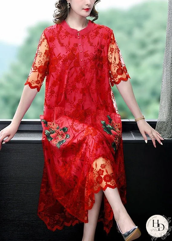 Red Print Hollow Out Button Tulle Maxi Dress Summer