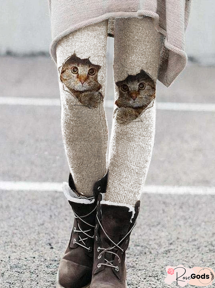 Cat Elastic Waist Printed Casual Pants Leggings