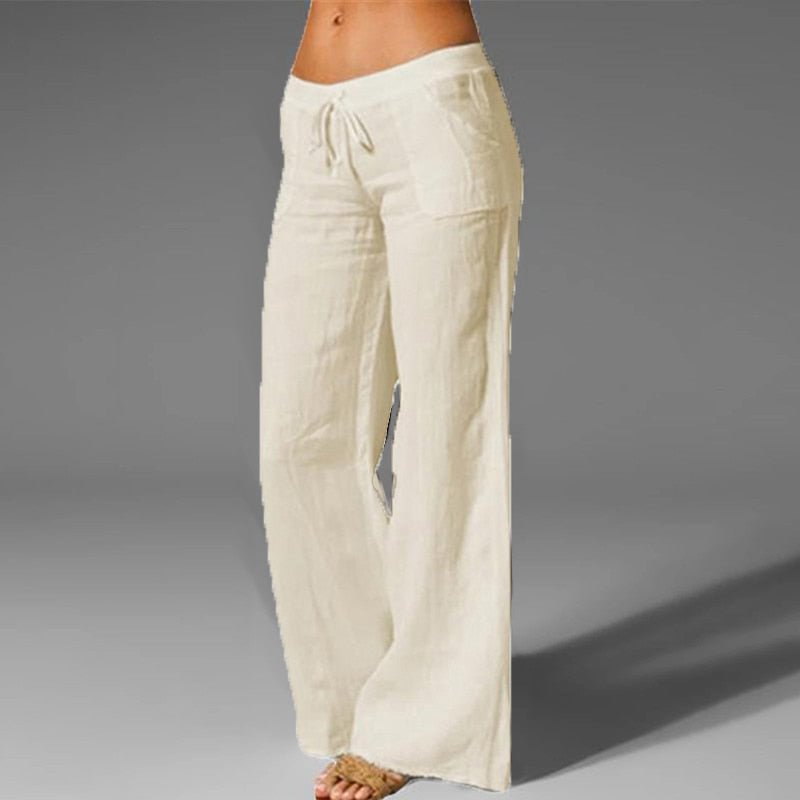 Solid Cotton Linen Women Pants Casual Loose Wide Leg Pants Summer Comfort Oversized Elastic Waist Female Trousers Pantalon 5XL