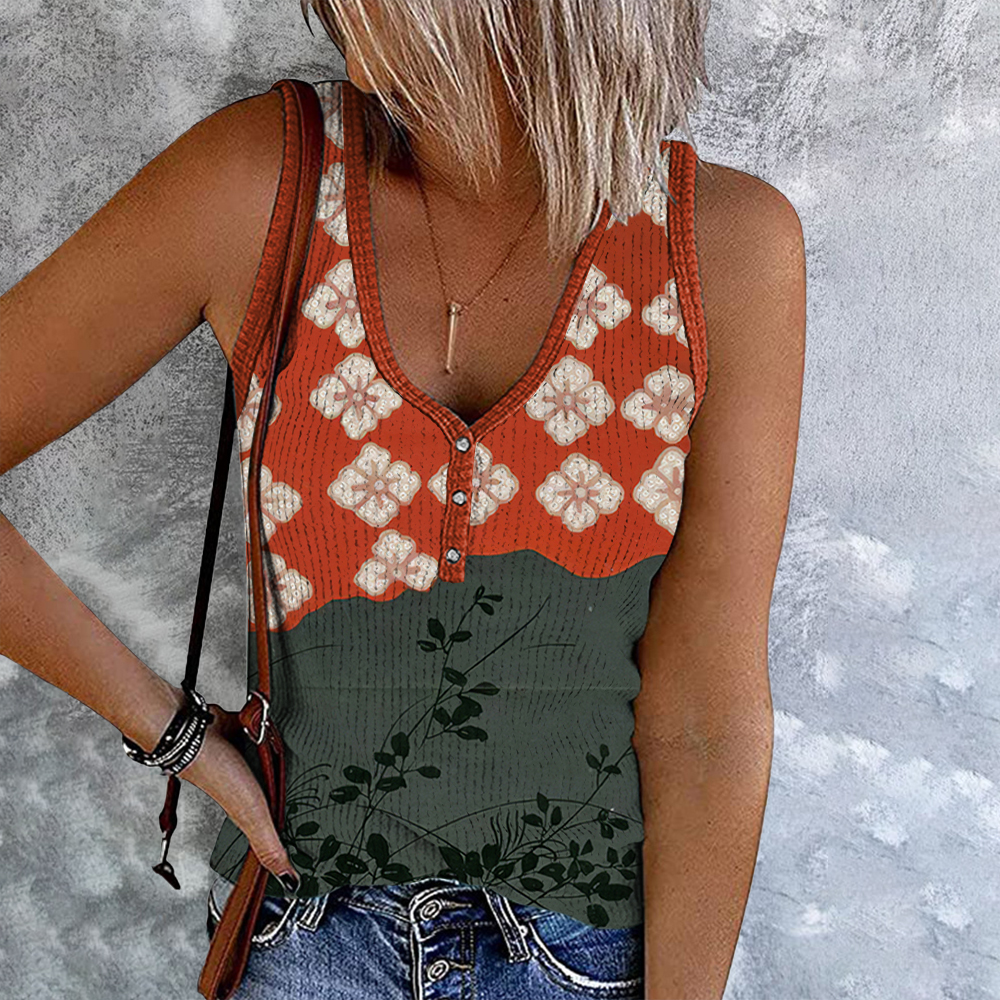 Comstylish Japanese Art Flower Print V-Neck Casual Tank Top