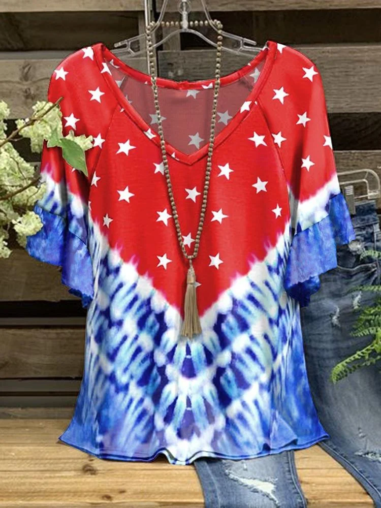 Women's Summer New Loose V-Neck Star Print Short Sleeve T-Shirt