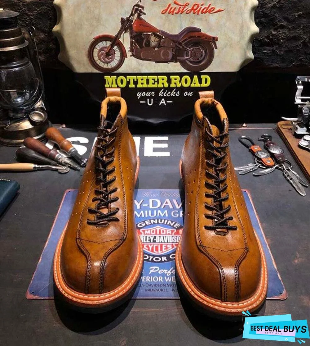 Vintage Genuine Leather Boots Full Grain Ankle Designer Shoes Men High Quality Fall Booties Short Brown Lace Up