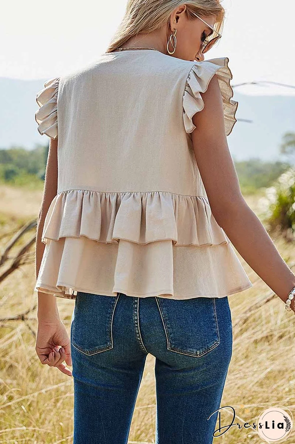 Pure Color Casual Single Row Shirt V-Neck Tops