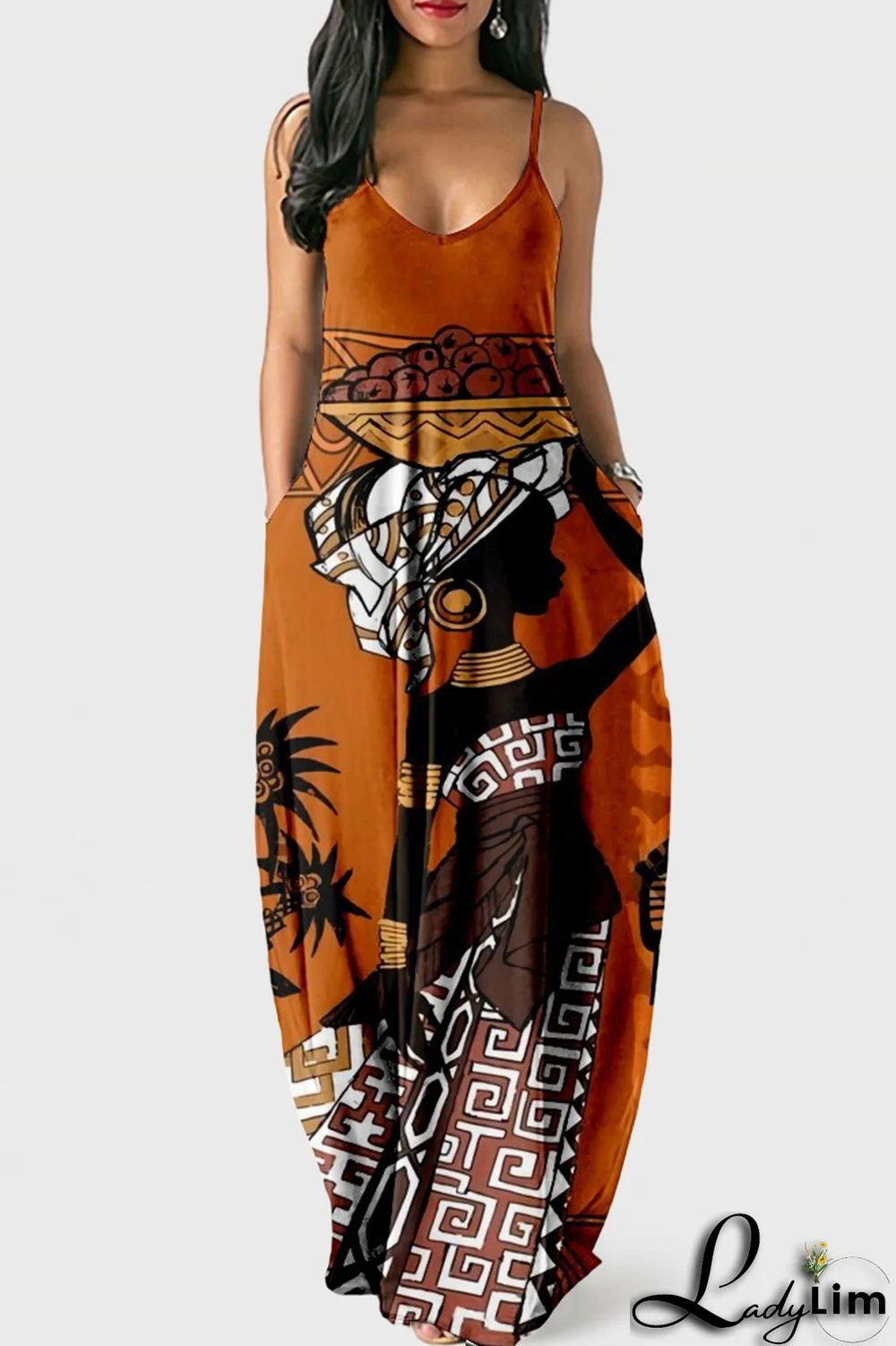 Orange Red Fashion Sexy Print Backless Spaghetti Strap Long Dress