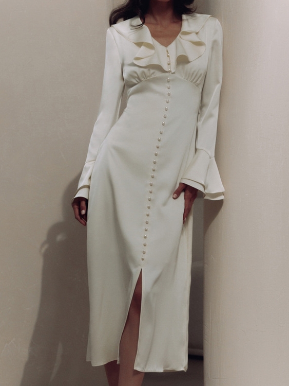 French V-neck Ruffled Bell-sleeved Single-breasted Slim-fit Dress | Oxredo Shop Ramadan Sale