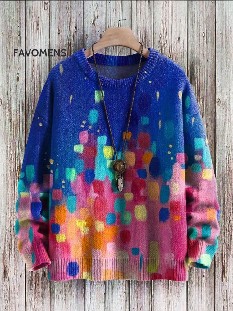 Unisex Vivid Colors Blue Graffiti Art Print Casual Knit Pullover Sweater / S