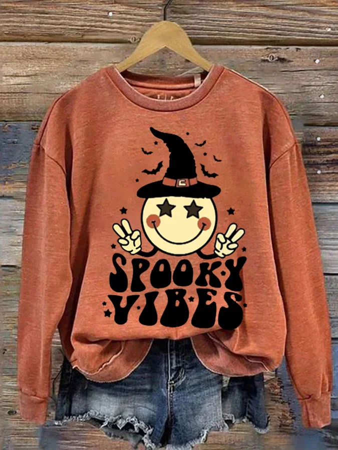 Spooky Atmosphere Halloween Smiley Witch Hat Print Sweatshirt