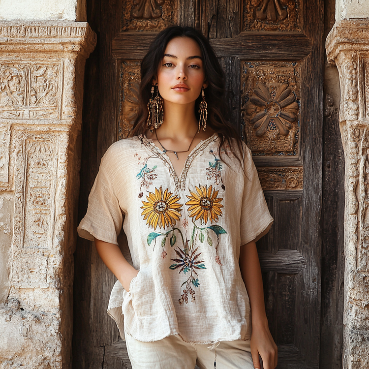 Simpfit Lässiges T-Shirt aus Nachahmung aus Baumwolle und Leinen mit BlumenDrucken für Damen