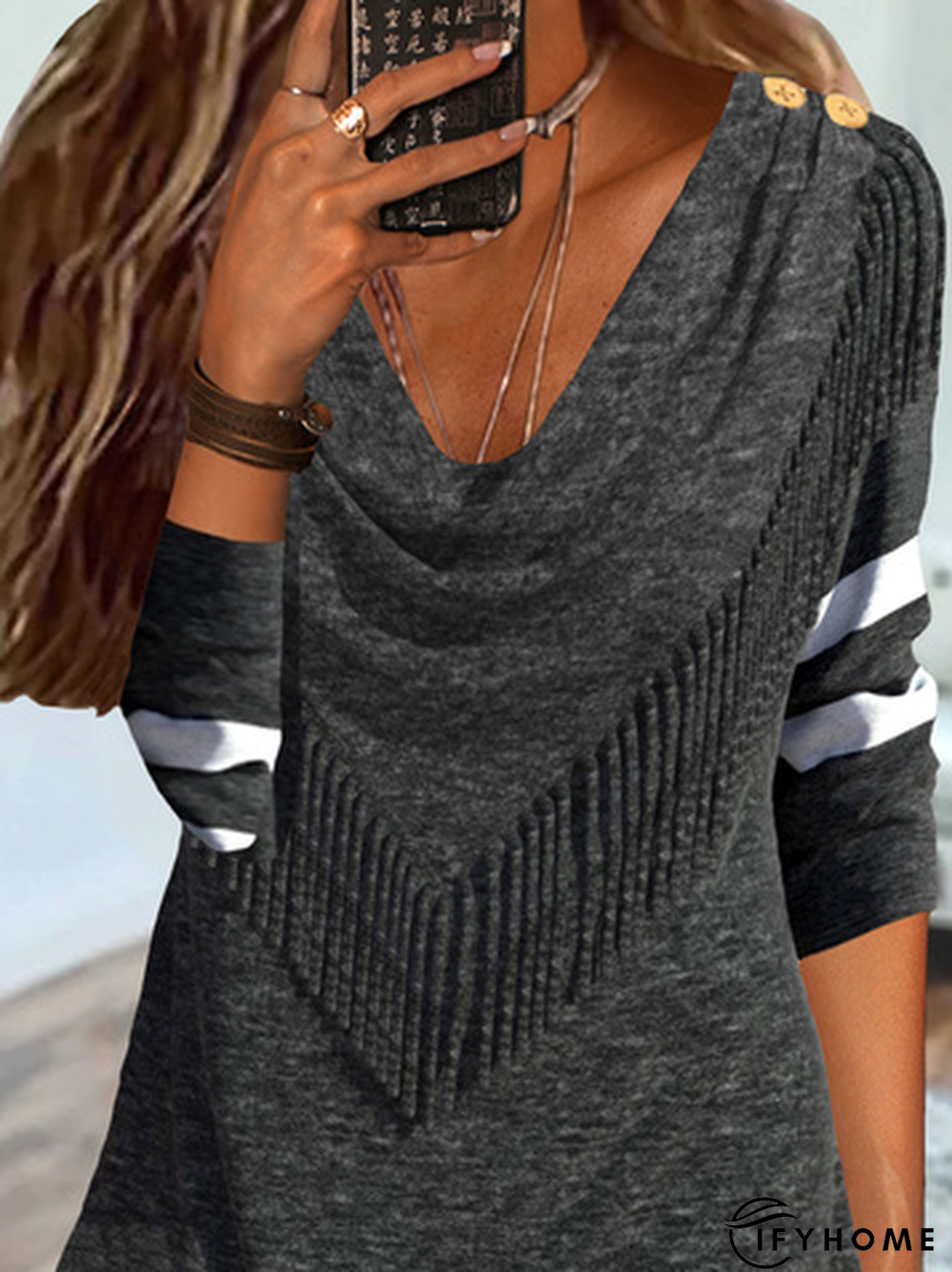 Casual Long sleeve V neck Loose Top | IFYHOME