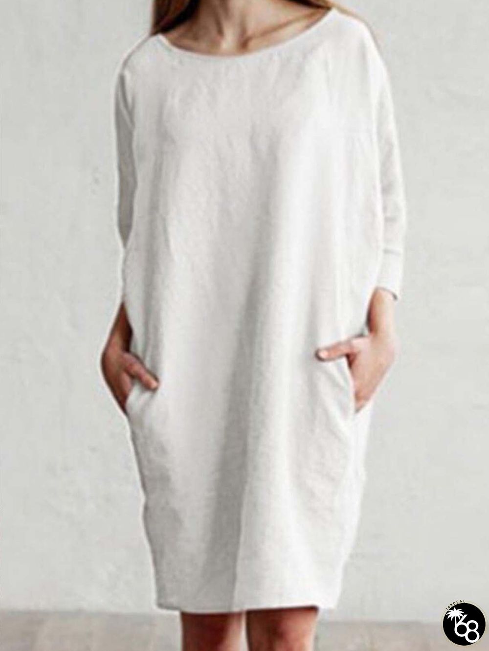 Women's Patchwork Round Neck 3/4 Sleeve Loose Cotton Linen Pocket Dress | 168DEAL
