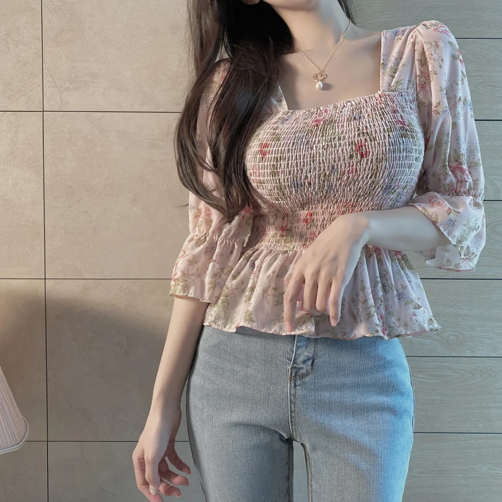 Flared-Cuff Floral Print Chiffon Blouse SP18260