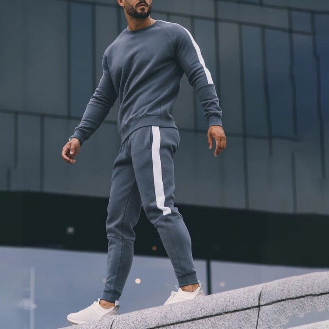 Round Neck Solid Color Stripe Stitching Tracksuit Two Piece Set
