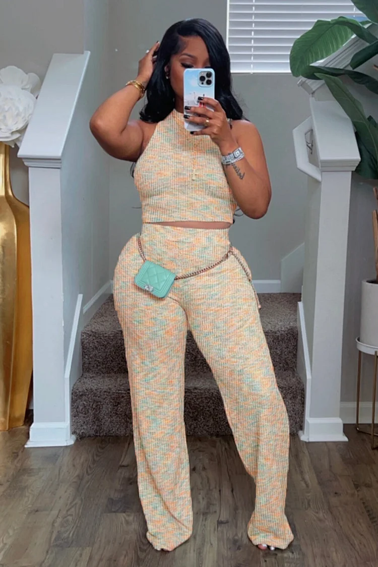 Tie Dye Print Knit Crop Tank Top High Waist Wide Leg Pants 2pcs Set-Yellow