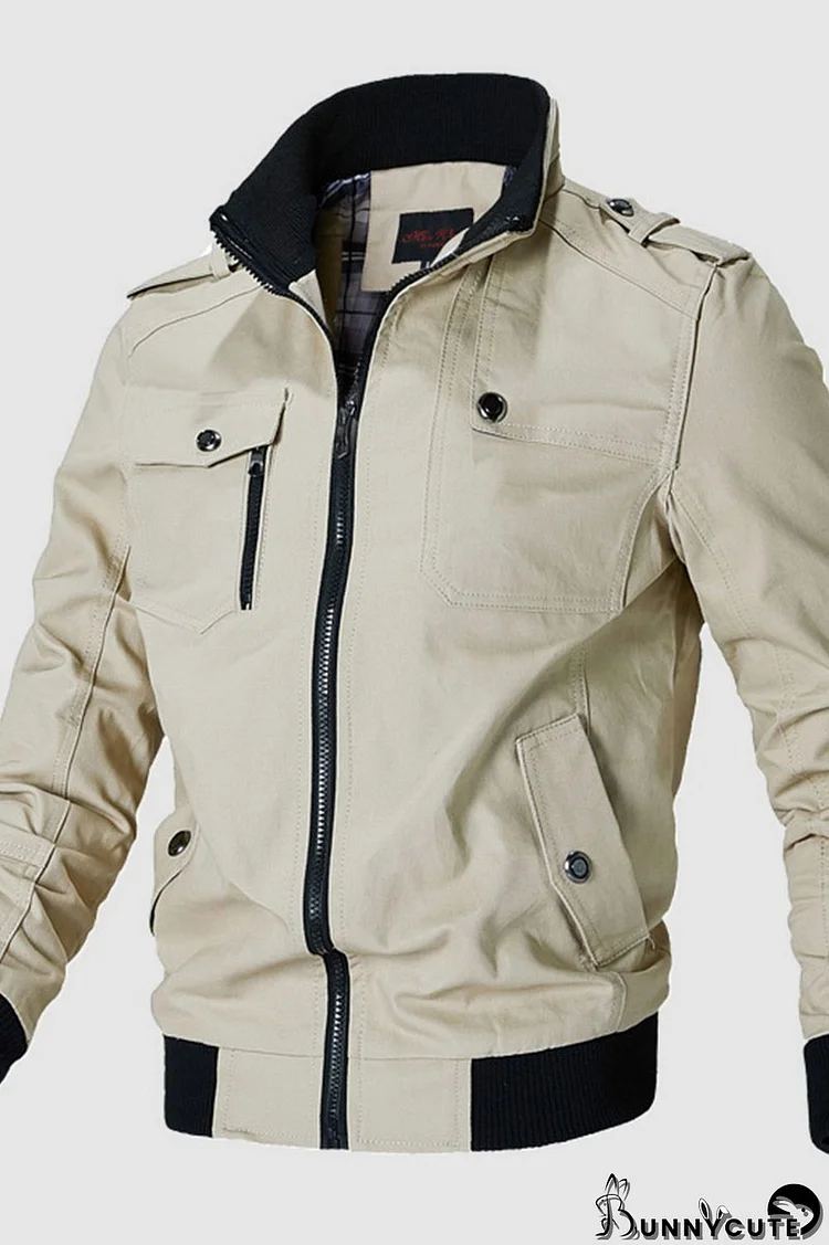 Cream White Casual Solid Embroidered Split Joint Pocket Zipper Mandarin Collar Outerwear