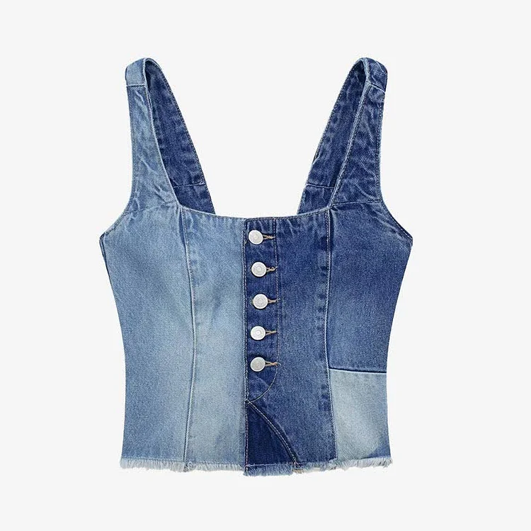 Chic Patchwork Crop Denim Cami Top - Modakawa modakawa