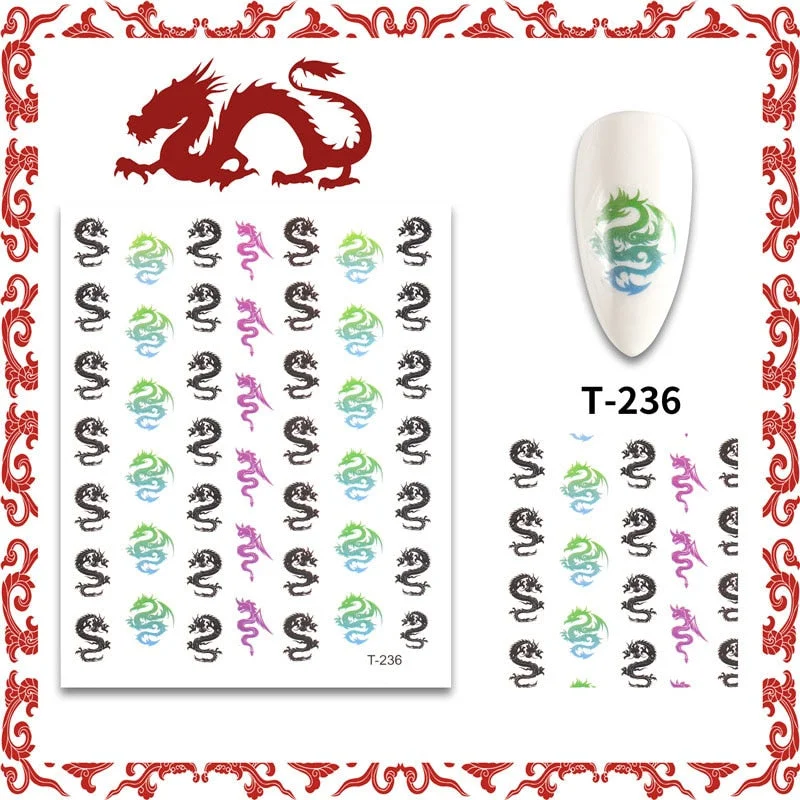 New 3D Nail Art Stickers Decals Red Black Dragons Design Colorful Adhesive Stickers Nail Art Decoration-Nail Inspo