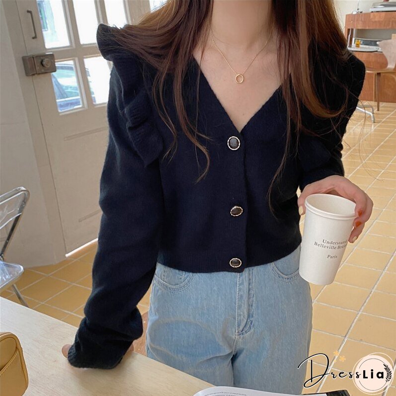 Joskka New Women's Autumn Winter Sweaters Buttons Cardigans Vintage Korean Knitted Ruffle Fashionable Elegant Lady Tops