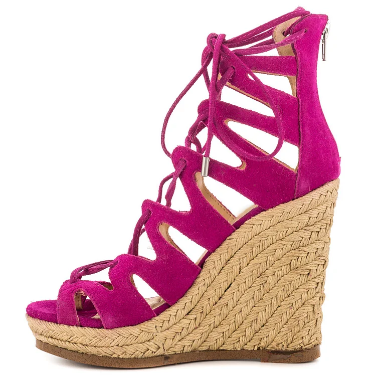 Fuchsia Wedge Sandals Vegan Suede Peep Toe Lace up Platform Wedges |FSJ Shoes