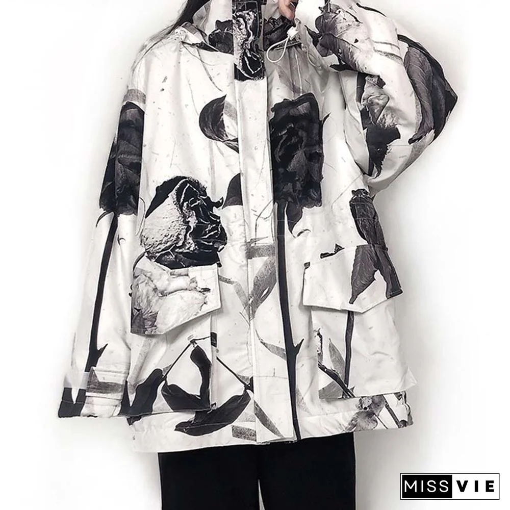Dry Rose Pattern Print Shirt Hooded Coat
