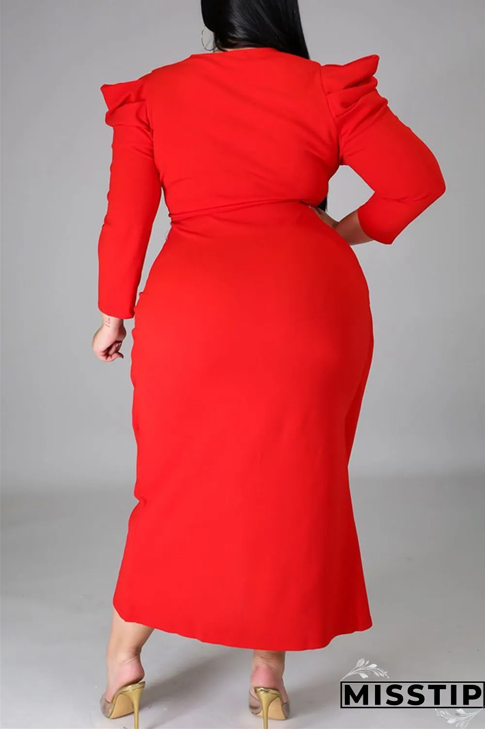 Black Fashion Casual Solid Patchwork V Neck Long Sleeve Plus Size Dresses