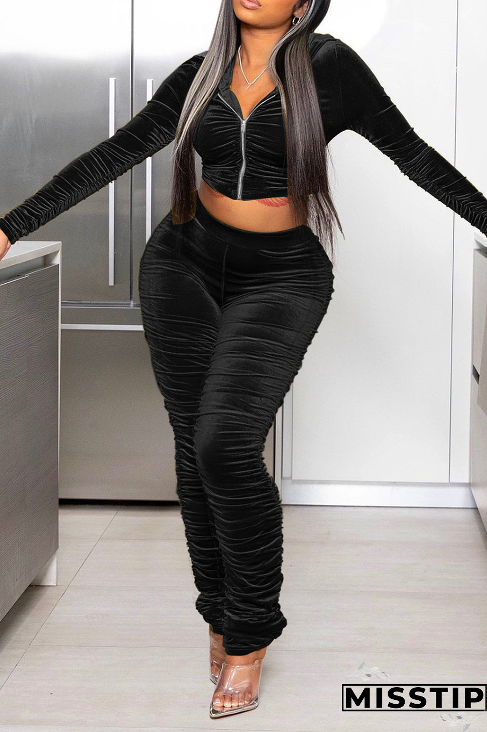 Black Street Solid Fold Hooded Collar Long Sleeve Two Pieces