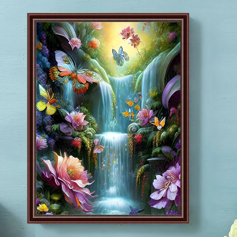 Diamond Painting - Full Round Drill - Flower Butterfly Waterfall(30*40cm)