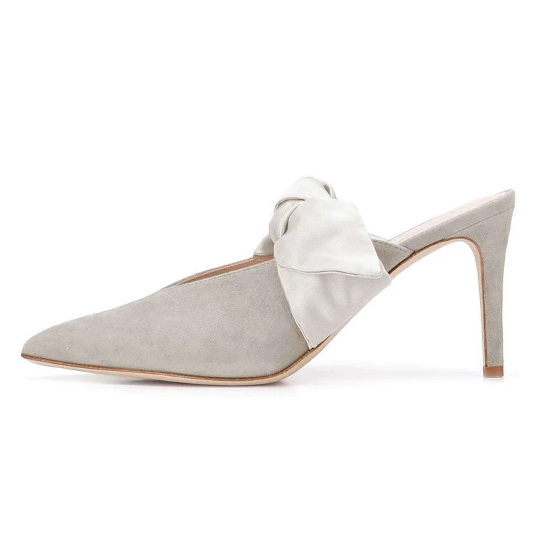 Grey Suede Satin Tie Stiletto Heel Mule Heels |FSJ Shoes