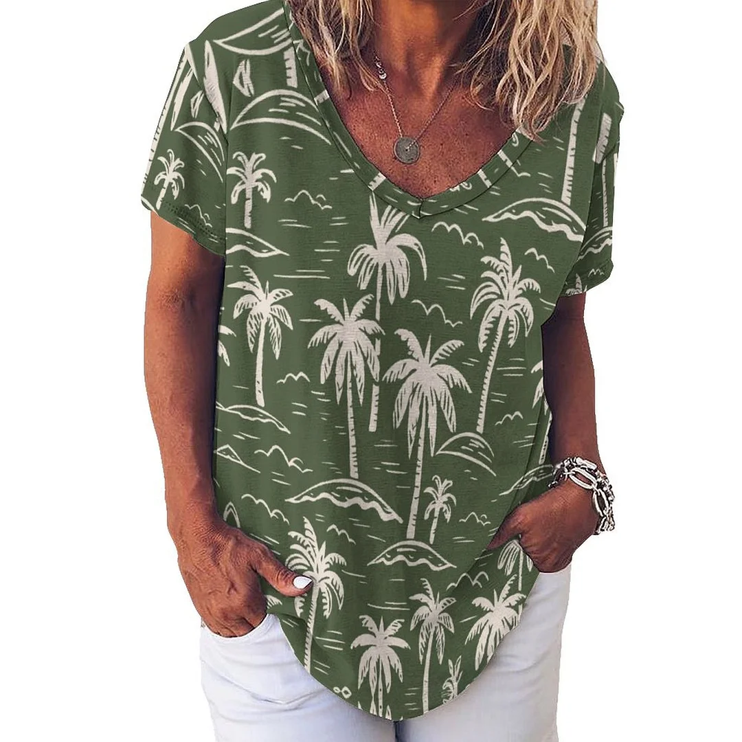 V-neck Short Sleeve Casual T-shirt for  Women Printed with Pattern Tropical, Summer, Green