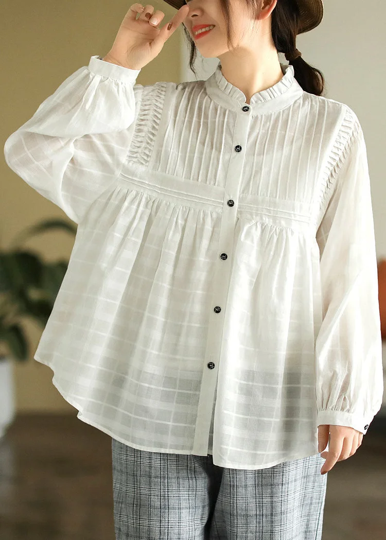 Fashion White Ruffled Patchwork Wrinkled Exra Large Hem Cotton Shirts Spring
