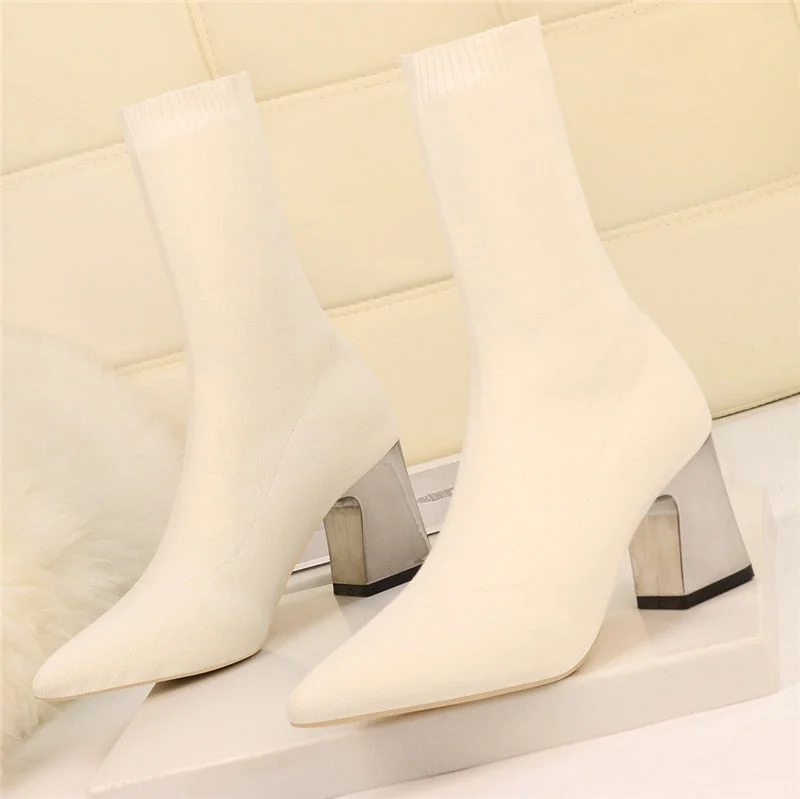 2022 Women Stretch Knitted Sock Boots 7cm 9cm High Heels White Ankle Boots Stripper Low Block Heel Lady Warm Winter Chunky Shoes