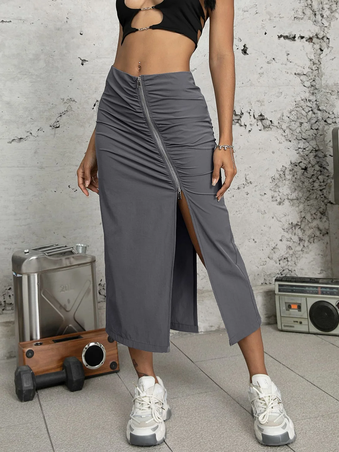 Zip Up Ruched Split Thigh Skirt