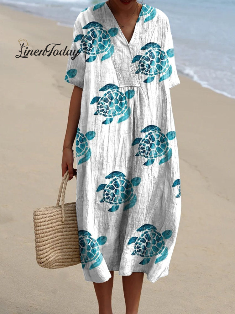 Lovely Summer Vacation Watercolor Sea Turtle Pattern Printed Women’s Flowy Dress Whiteblue / S