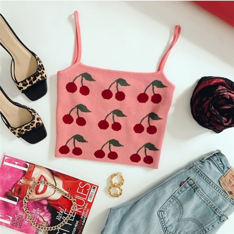 Ootddress Y2K Knit Cami Tops For Women Spaghetti Strap Vest Corset Summer Streetwear Tank Top E-girl Cute Cherry Cropped Camisole