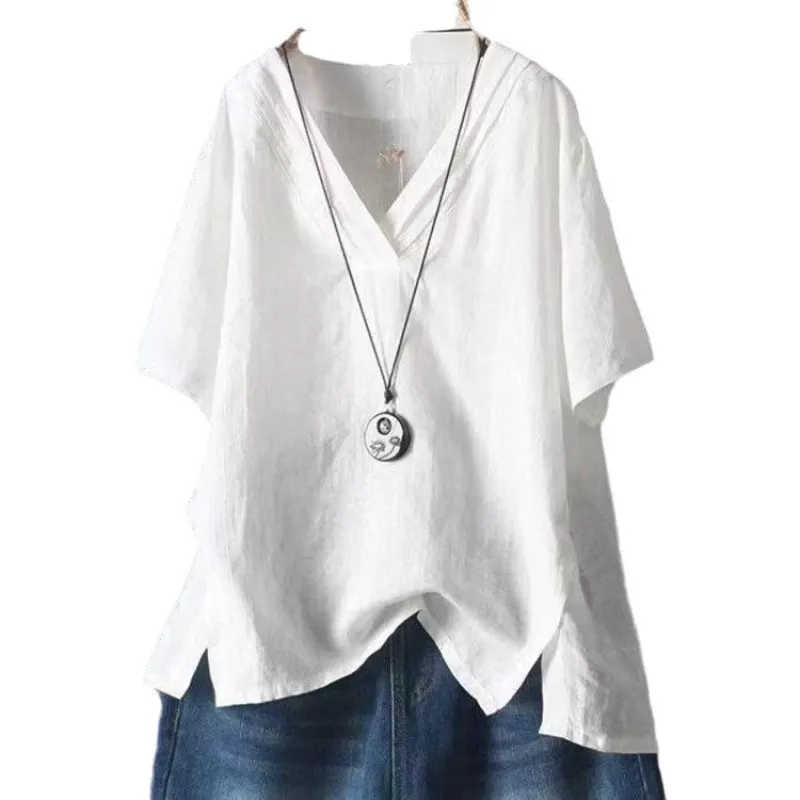 Brownm Brownm Summer New Solid Color Buffet Short-Sleeved V-Neck T-Shirt Women Irregular Large Cotton Loose Leisure Top