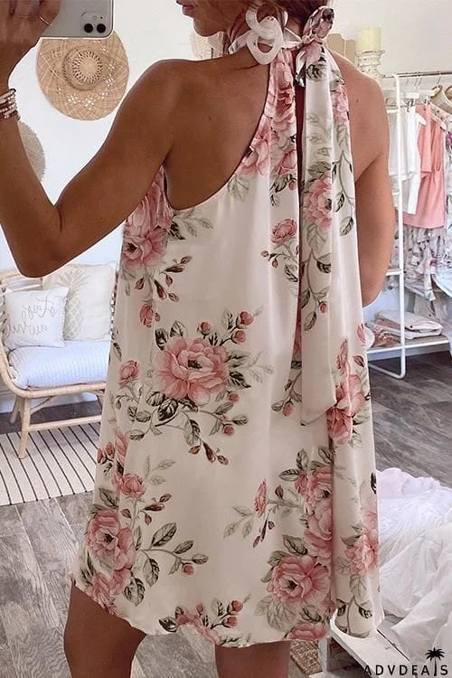 Floral Print Halter Neck Sleeveless Mini Dress