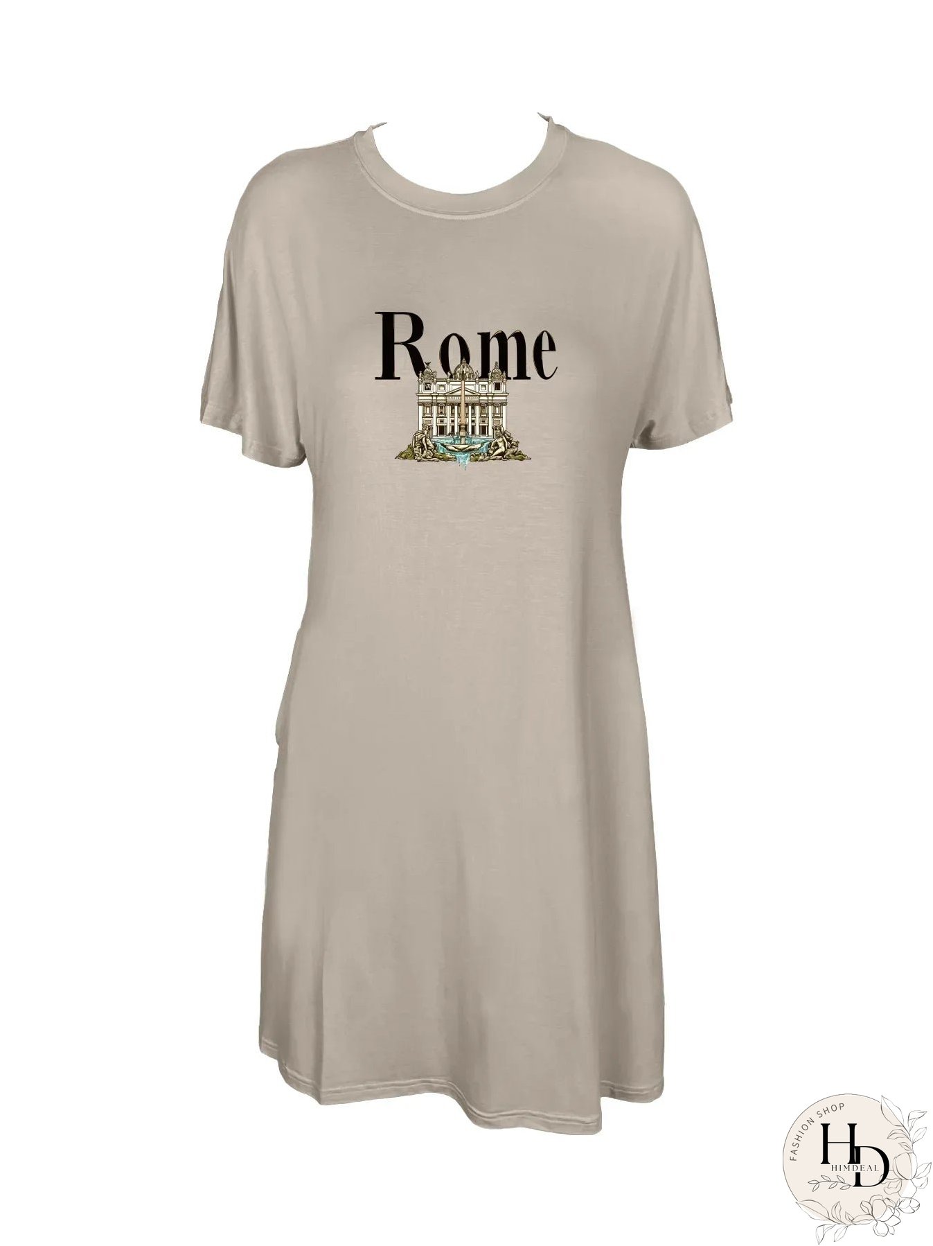 Detailed Trevi Fountain With Rome Print Crew Neck Tee Dress Casual Short Sleeve Dress For Spring & Summer Women's Clothing