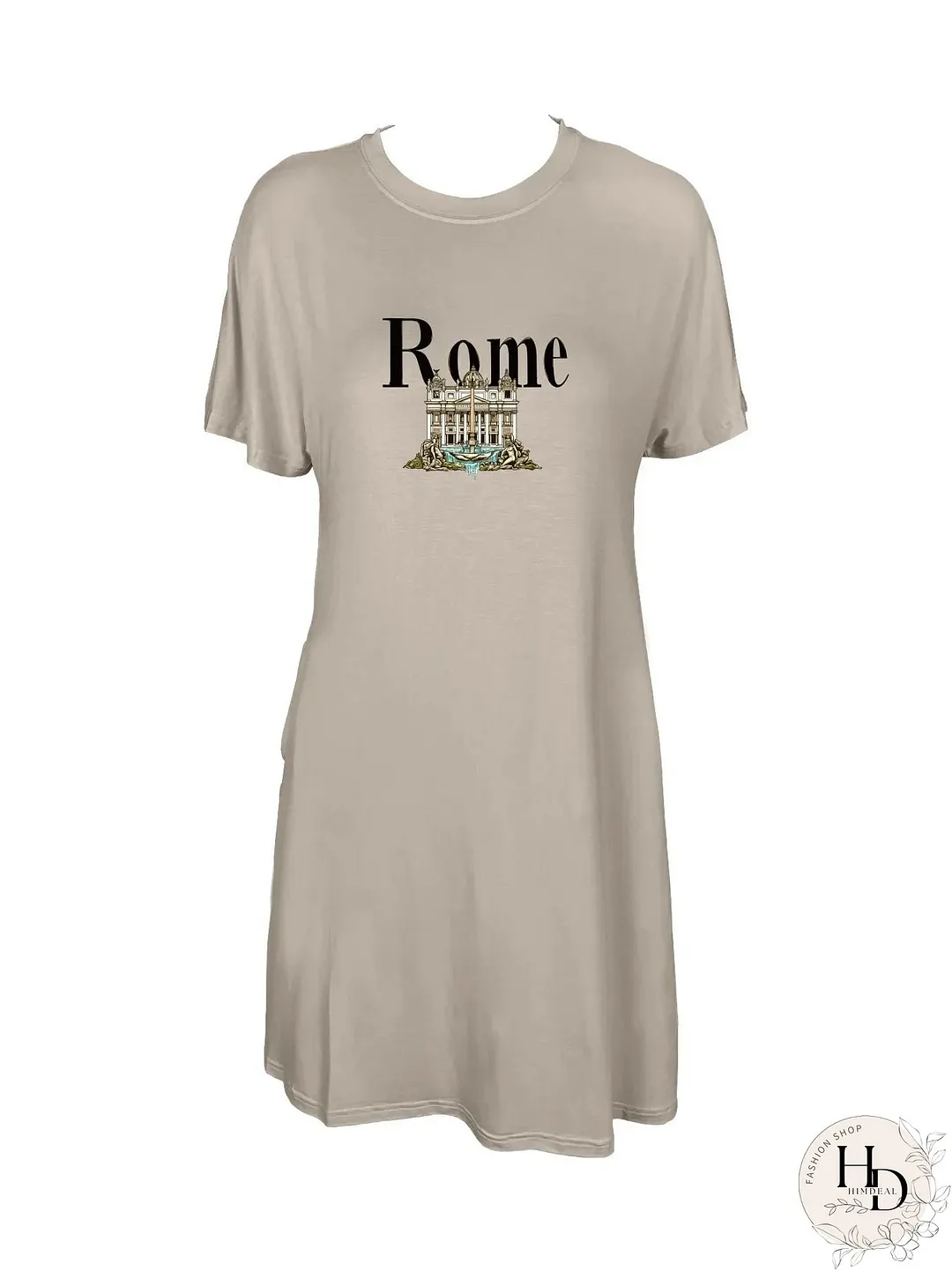 Detailed Trevi Fountain With Rome Print Crew Neck Tee Dress Casual Short Sleeve Dress For Spring & Summer Women's Clothing