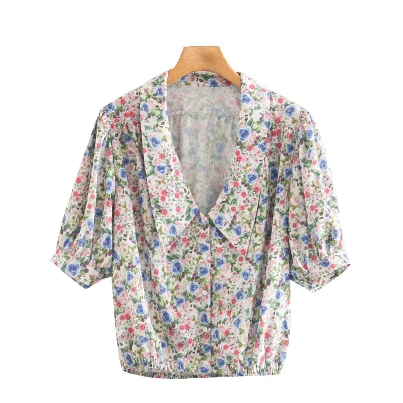 KPYTOMOA Women 2020 Sweet Fashion Floral Print Loose Blouses Vintage V Neck Elastic Hem Button-up Female Shirts Chic Tops
