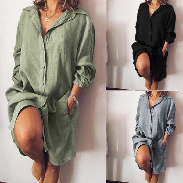 Women Turn-down Collar Long Sleeve Tunic Tops Long Blouse Button Down Mini Shirt Dress - Life is Beautiful for You - SheChoic