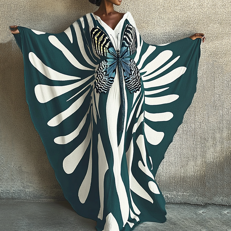 Nomad Spirit Ladies' Brushstroke Symphony Art Sapphire Breeze Linen V-neck Long Kaftan
