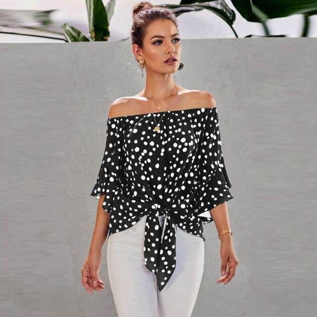 Womens Dot Printed Off The Shoulder Tops 3/4 Flared Bell Sleeve Blouses Summer Tie Knot T-Shirt Sexy Casual Blouses Tops - Shop Trendy Women's Fashion | TeeYours