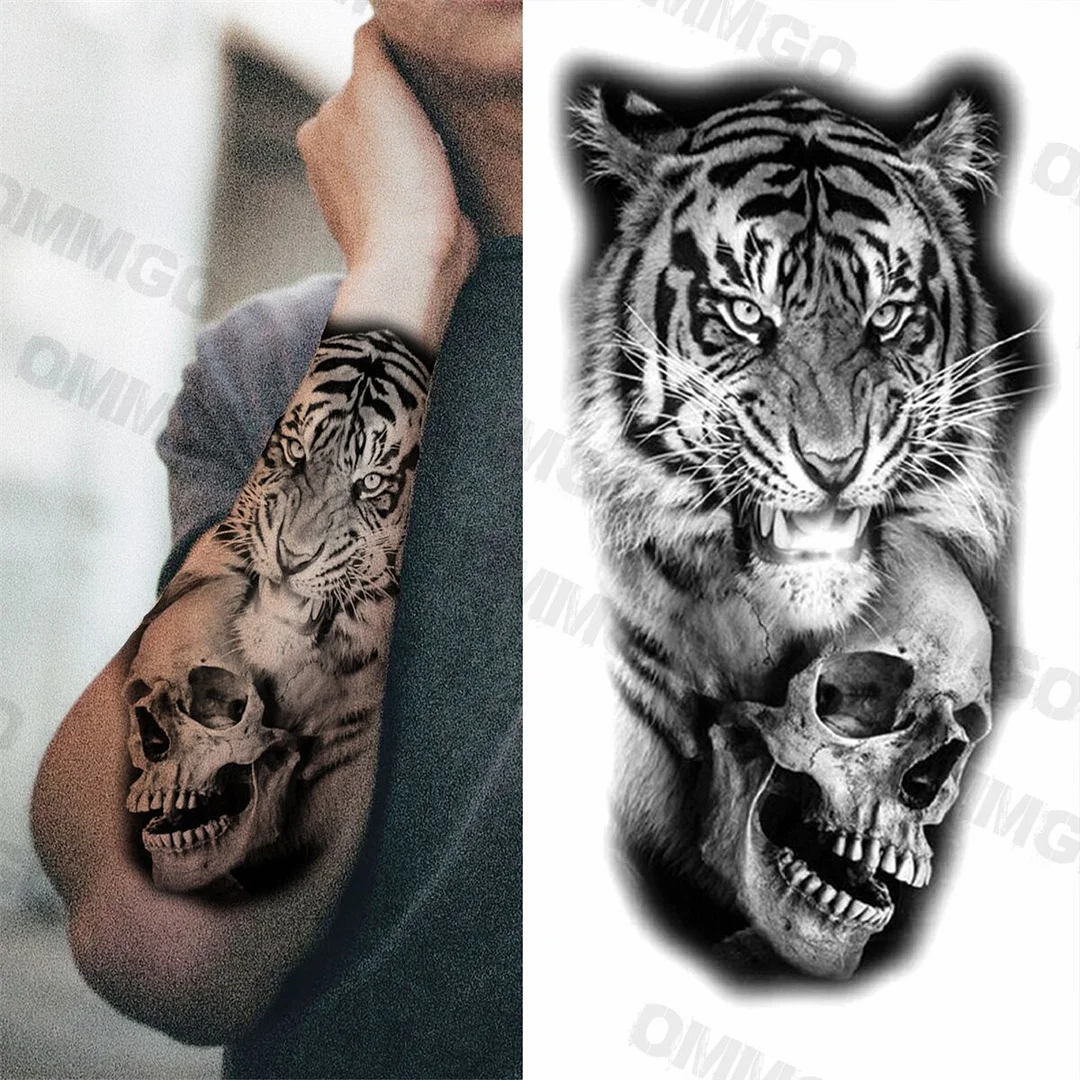 Sdrawing Rose Flower Skeleton Temporary Tattoos For Women Adult Girl Lion Tiger Crown Fake Tattoo Body Art Painting Tatoo Decal