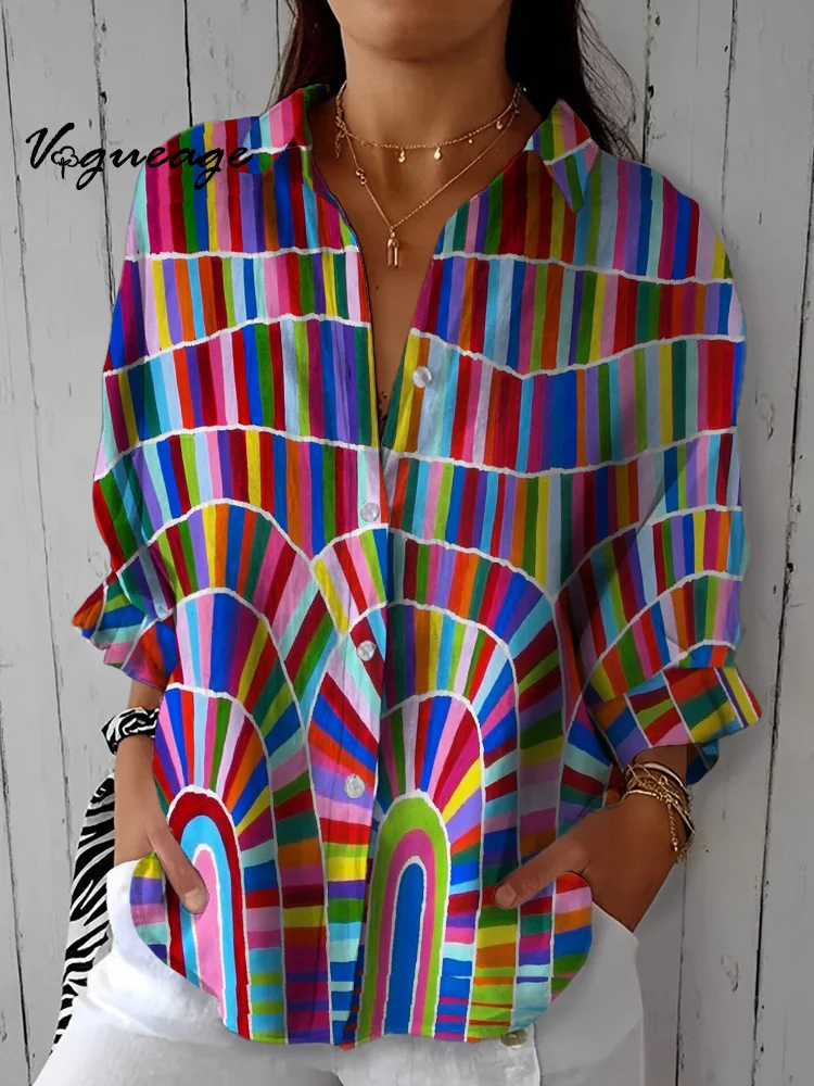 Fashion Art Colorful Line Splicing Printed Cotton And Linen Shirt