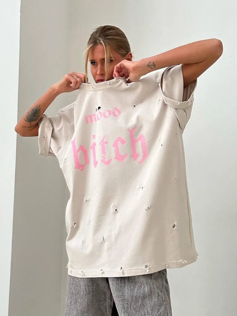 Athvotar Athvotar Do Old Water Washing Letter Design Printing Short-Sleeved Women's Spring And Summer Loose Round-Neck T-Shirt Lazy Wind