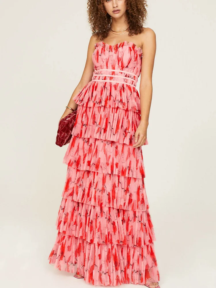 Pink Floral Monaco Ruffle Tulle Tiered Strapless Maxi Gown Dress