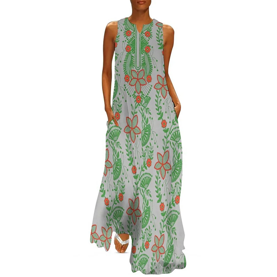 Style & Comfort for Mature Women Plus Size Printed Sleeveless Casual Women Maxi Dress with Pockets in Pattern Green, Pink, Vintage