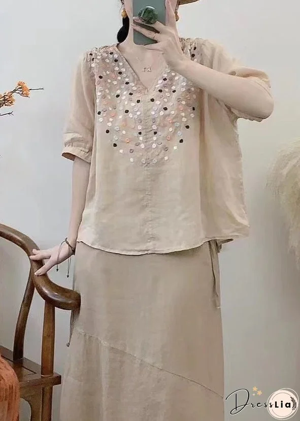 Loose Grass Green V Neck Embroideried Cotton Tops Half Sleeve