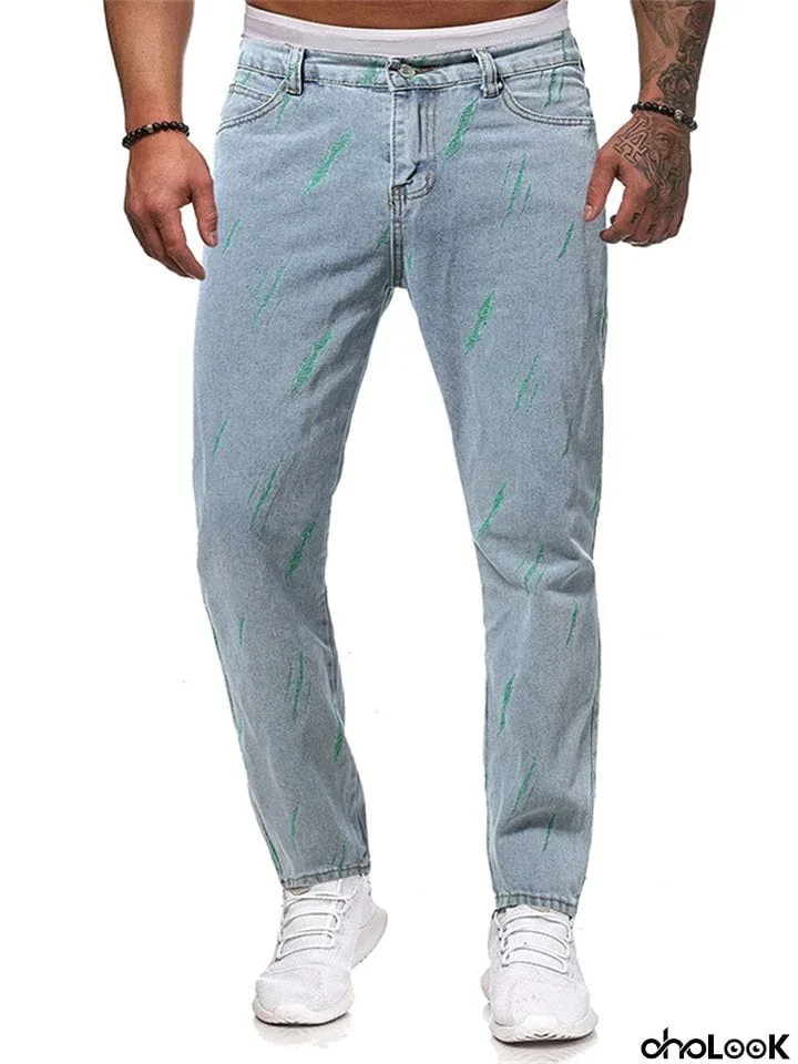Men's Fashion Green Slanting Line Washed Effect Straight Leg Jeans